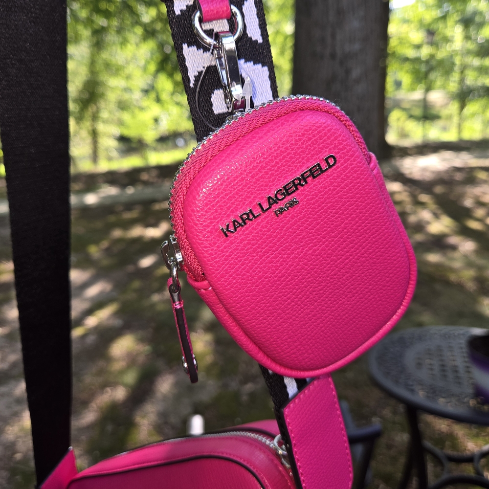NWT Karl Lagerfeld Hot Pink Crossbody Bag with Embellished Karl & Cat Patches - Picture 5 of 7